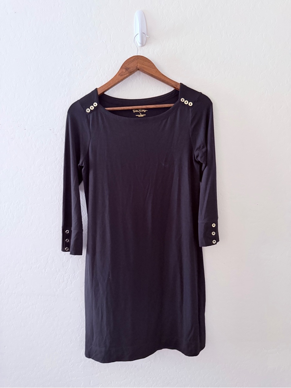 Lilly Pulitzer Black Gold Button 3/4 Sleeve Shift Dress Size Small